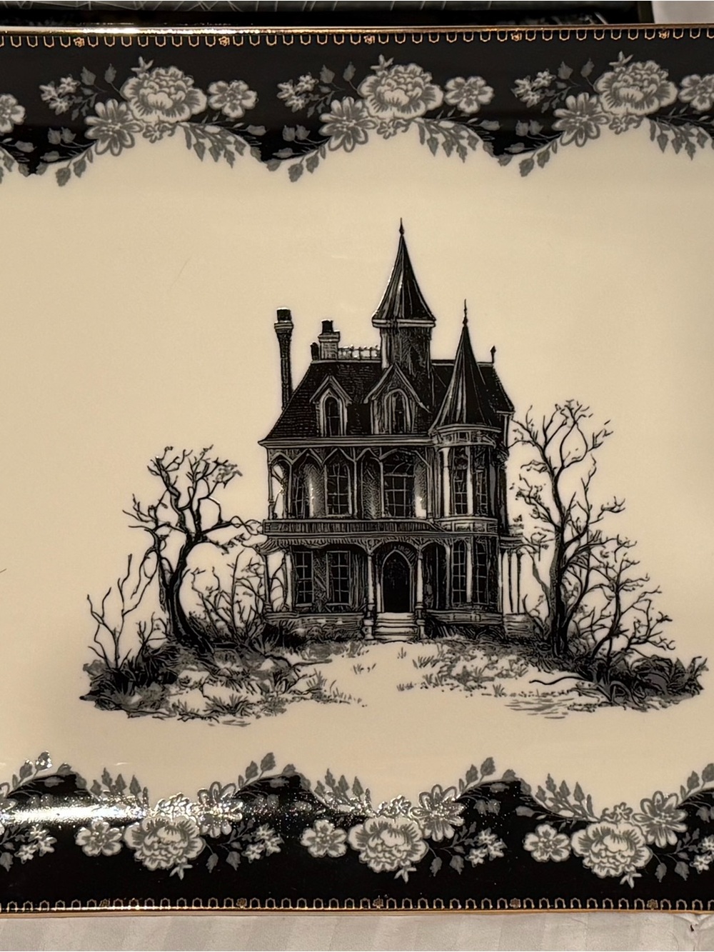 Black and Cream Haunted House Serving Platter Classic Victorian Illustration